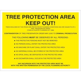 Tree Protection Area Keep Out Sign with yellow background and black safety instructions