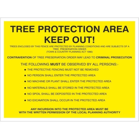 Tree Protection Area Keep Out Sign with yellow background and black safety instructions