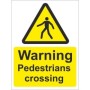 Warning Pedestrians Crossing safety sign with pedestrian symbol on yellow warning background