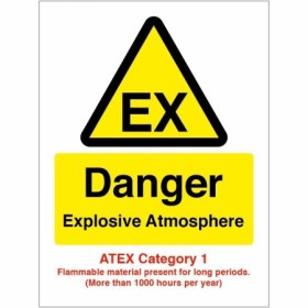 Danger Explosive Atmosphere EX ATEX Category 1 safety sign with recognised EX hazard symbol