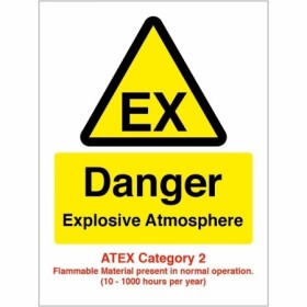 Danger Explosive Atmosphere EX ATEX Category 2 safety sign with recognised EX hazard symbol