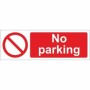 No parking sign with red prohibition symbol and bold white text