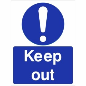 Keep Out mandatory safety sign with blue and white design