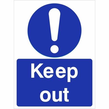 Keep Out mandatory safety sign with blue and white design