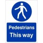 Pedestrians This Way mandatory safety sign with pedestrian symbol and blue background