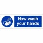 Now Wash Your Hands Sign with blue mandatory hand washing symbol