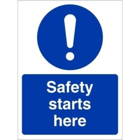 Safety Starts Here Sign with white safety symbol and text on blue background