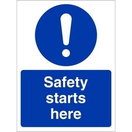 Safety Starts Here Sign with white safety symbol and text on blue background