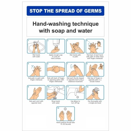Hand Washing Technique With Soap And Water Hygiene Sign with illustrated step-by-step instructions