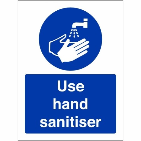Use Hand Sanitiser Sign with blue mandatory hand sanitising symbol