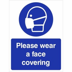 Please Wear A Face Covering Sign with blue mandatory face covering symbol