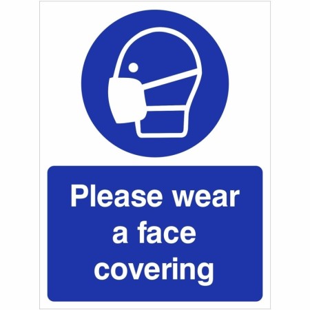 Please Wear A Face Covering Sign with blue mandatory face covering symbol