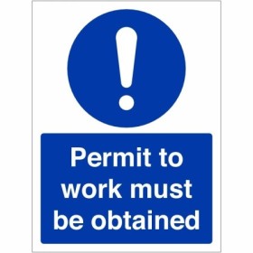 Permit To Work Must Be Obtained Sign with white mandatory symbol and text on blue background