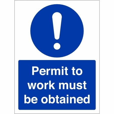 Permit To Work Must Be Obtained Sign with white mandatory symbol and text on blue background