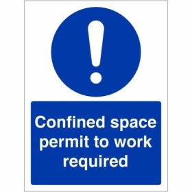Confined Space Permit To Work Required Sign with white mandatory symbol and text on blue background