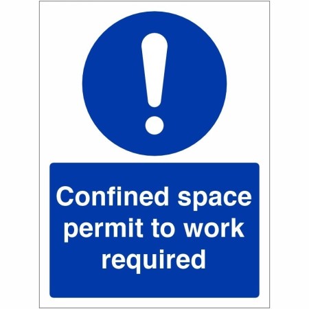 Confined Space Permit To Work Required Sign with white mandatory symbol and text on blue background