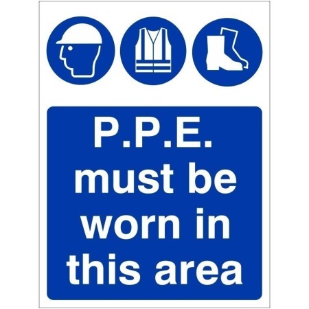 P.P.E Must Be Worn In This Area Sign with mandatory PPE symbols