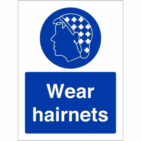 Wear Hairnets Sign with blue mandatory hairnet symbol