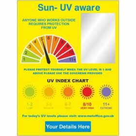 Sun UV Aware sign with UV index chart for outdoor workplaces