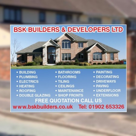 Builders and trades site advertising board showing services and contact details