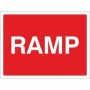 Ramp road warning sign with white text on red background