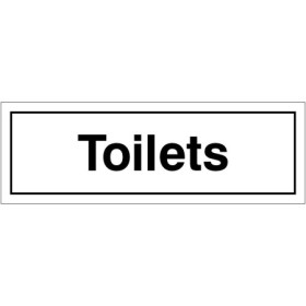 Toilets door sign with bold black text on a white background