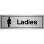  Brushed aluminium Ladies toilet sign featuring female icon and clear black text