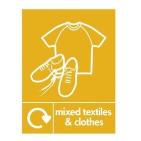 Mixed Textiles And Clothes Recycling sign with clothing and footwear recycling symbols