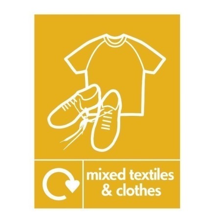 Mixed Textiles And Clothes Recycling sign with clothing and footwear recycling symbols