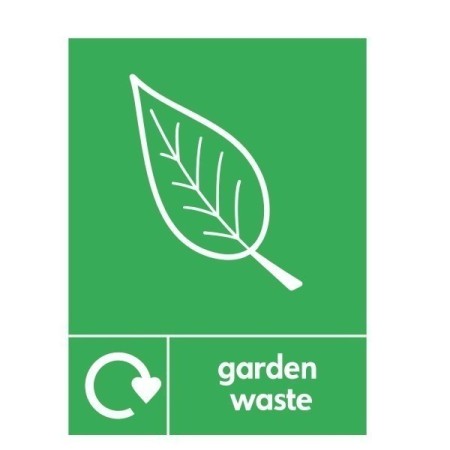 Garden Waste Recycling sign with leaf recycling symbol for garden waste disposal