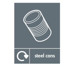 Steel Cans Recycling sign with steel can recycling symbol for recycling bin identification