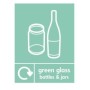 Green glass bottles and jars recycling sign with glass container symbols