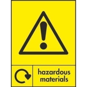 Hazardous materials recycling sign with warning symbol