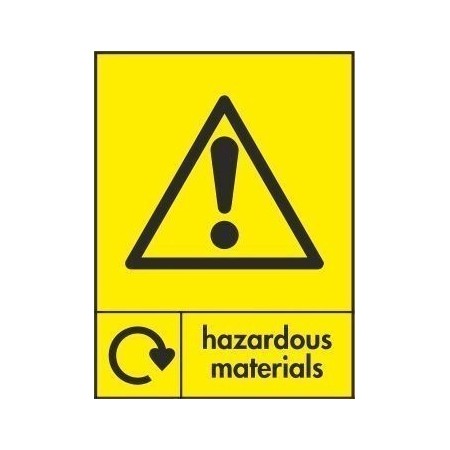 Hazardous materials recycling sign with warning symbol