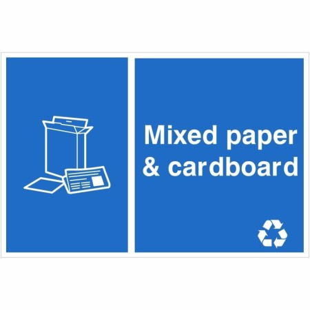 Mixed paper and cardboard recycling sign with recycling symbol
