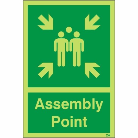 Glow in the dark assembly point sign with emergency gathering symbol