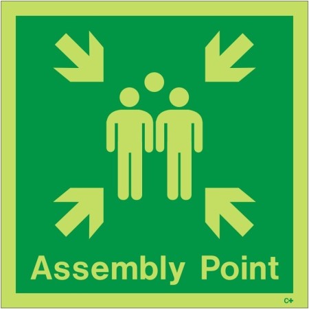 Glow in the dark assembly point sign with emergency gathering symbol
