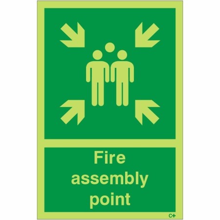 Glow in the dark fire assembly point sign with emergency gathering symbol