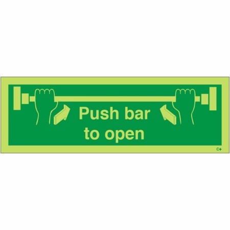 Glow in the dark Push Bar to Open sign with panic push bar symbols