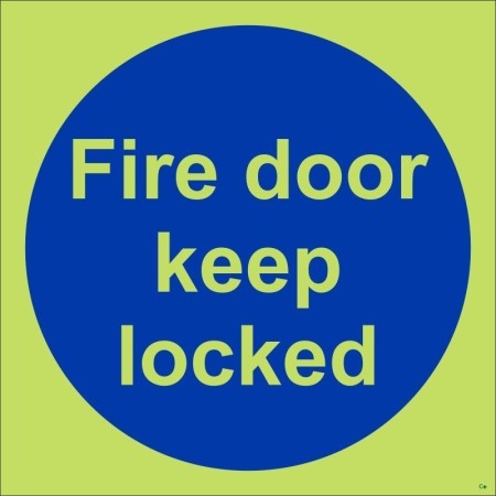 Glow in the dark Fire Door Keep Locked door sign with photoluminescent background and blue mandatory symbol