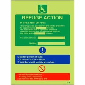 Glow in the dark refuge fire action notice sign with disabled refuge instructions