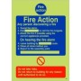 Glow in the dark fire action sign with six steps for any person discovering a fire