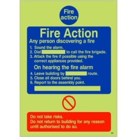 Glow in the dark 6 point fire action notice sign for any person discovering a fire