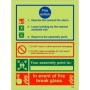 Glow in the dark fire action sign with break glass instruction and three step emergency guidance
