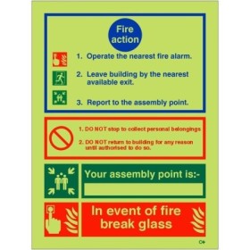 3 point glow in the dark fire action notice sign with in the event of fire break glass instruction