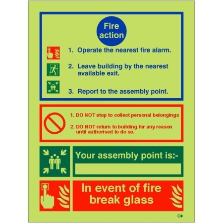 3 point glow in the dark fire action notice sign with in the event of fire break glass instruction