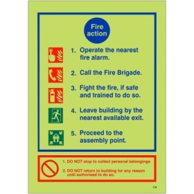 Glow in the dark 5 point fire action notice sign with emergency evacuation instructions
