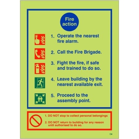 Glow in the dark 5 point fire action notice sign with emergency evacuation instructions