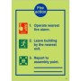 Glow in the dark 3 point fire action notice sign with lines for assembly point location
