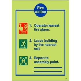 Glow in the dark 3 point fire action notice sign with lines for assembly point location